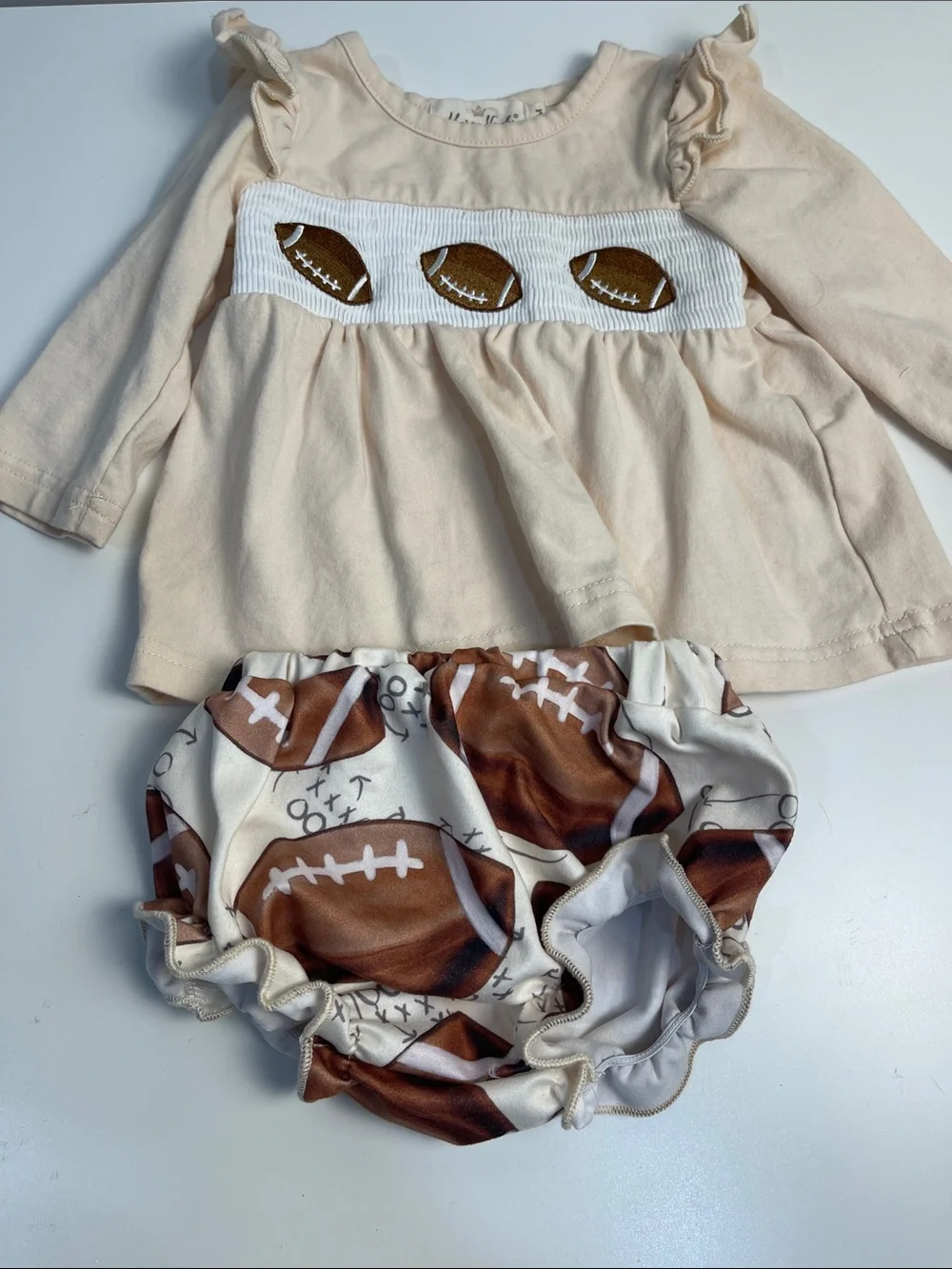 Cream Ruffle Football Accent Top with Football-Print Diaper Cover 3-6 months